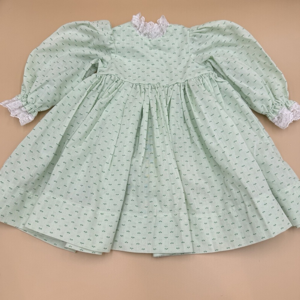 Handmade Baby Girl Dress Green Floral‎ White Lace Vintage 6-9 Months Primitive